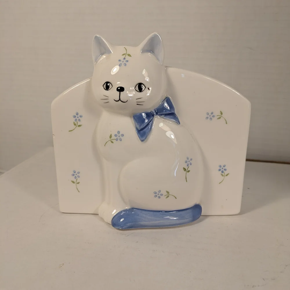 Ceramic Cat pen/ make up/ stationary Holder with Blue Accents by Otagiri